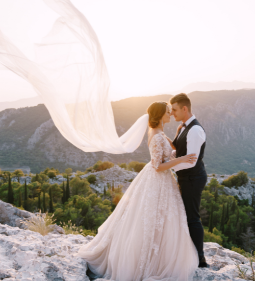 bride and groom embracing